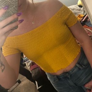yellow ribbed off the shoulder top